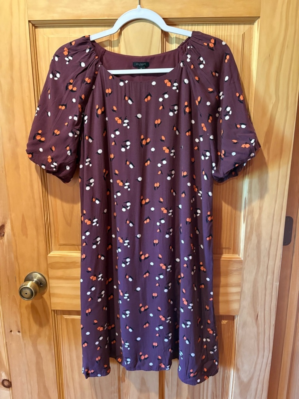 Ann Taylor Factory puff short-sleeve shift dress floral print plum background XS